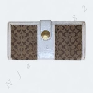 Vintage Coach Walker Signature Canvas Patent Leather Trifold Brown Khaki & Cream